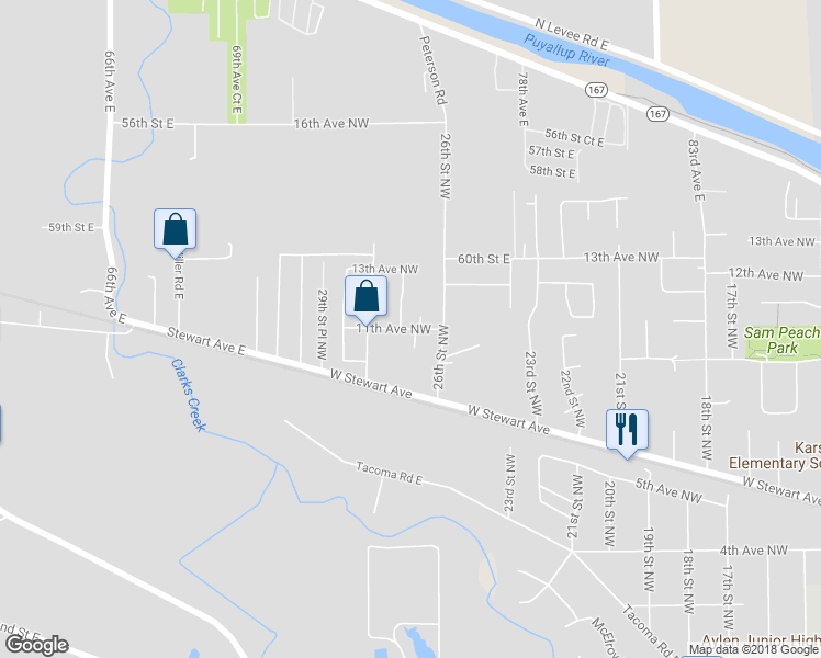 map of restaurants, bars, coffee shops, grocery stores, and more near 2608 11th Avenue Northwest in Puyallup