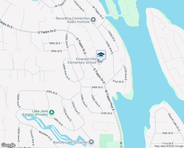 map of restaurants, bars, coffee shops, grocery stores, and more near 19017 63rd Street East in Lake Tapps
