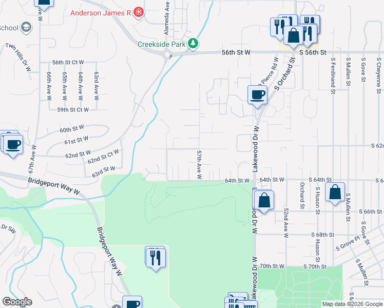 map of restaurants, bars, coffee shops, grocery stores, and more near 5710 62nd Street West in Tacoma