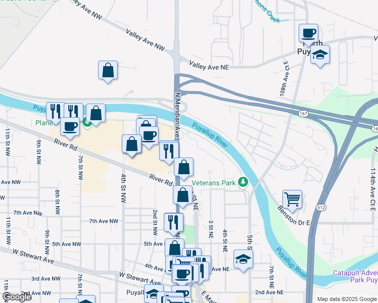 map of restaurants, bars, coffee shops, grocery stores, and more near 1111 North Meridian in Puyallup