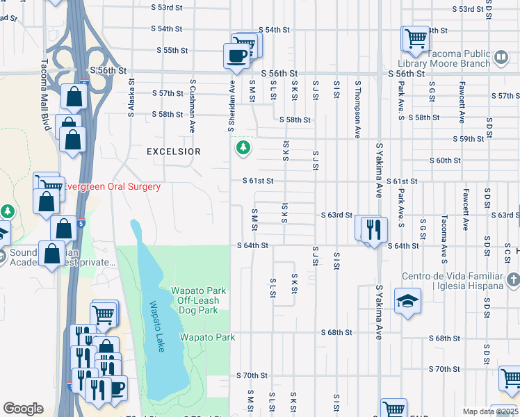 map of restaurants, bars, coffee shops, grocery stores, and more near 6214 South M Street in Tacoma