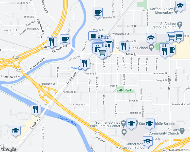 map of restaurants, bars, coffee shops, grocery stores, and more near 730 Kincaid Avenue in Sumner