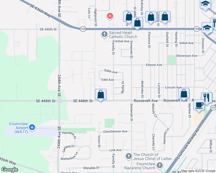 map of restaurants, bars, coffee shops, grocery stores, and more near 1112 Isbell Court in Enumclaw