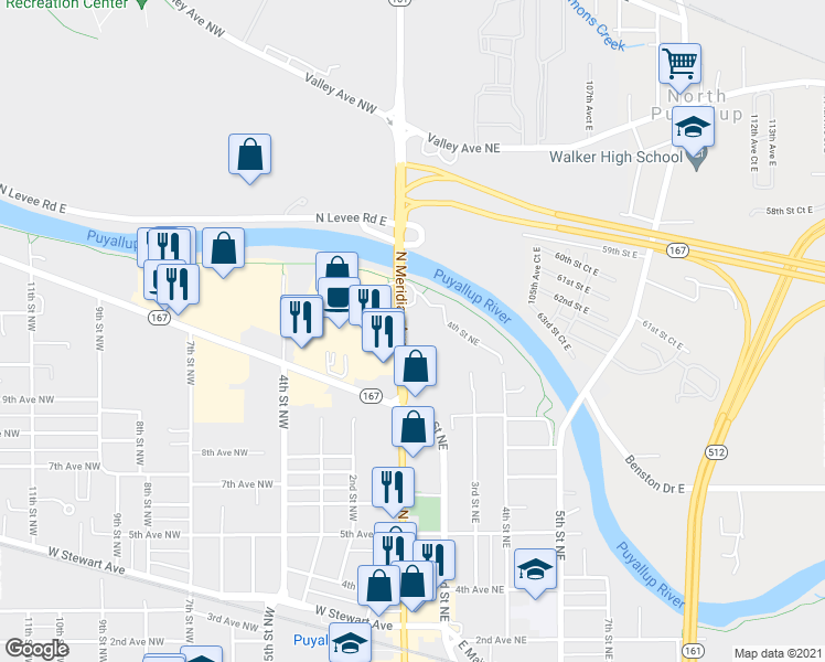 map of restaurants, bars, coffee shops, grocery stores, and more near 1111 North Meridian in Puyallup