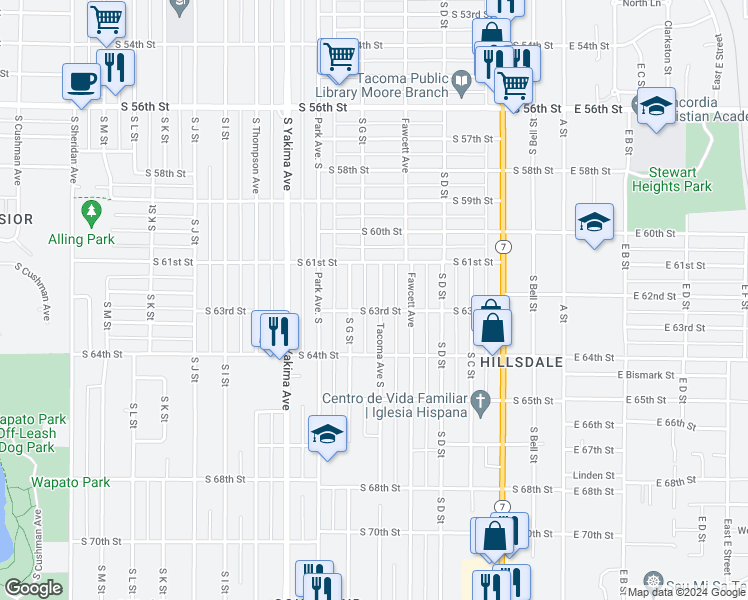 map of restaurants, bars, coffee shops, grocery stores, and more near 6132 Tacoma Avenue South in Tacoma