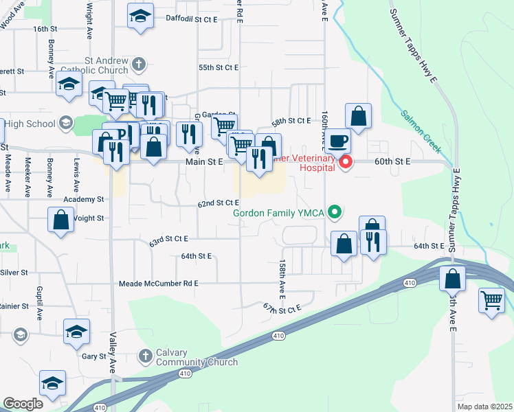 map of restaurants, bars, coffee shops, grocery stores, and more near 15711 63rd Street Court East in Sumner