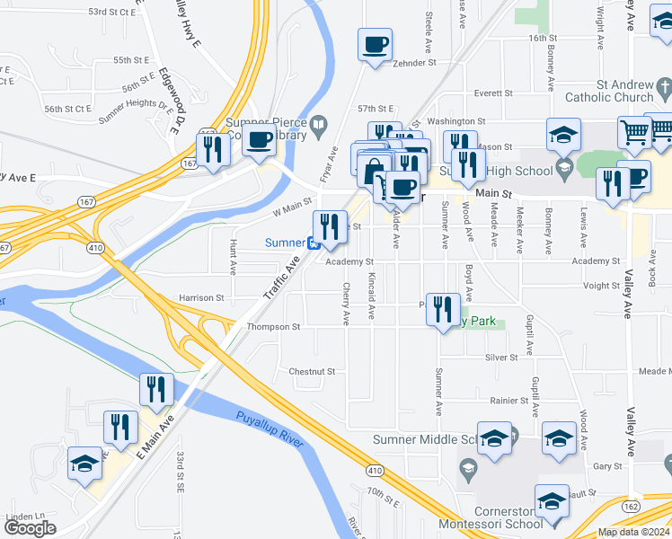map of restaurants, bars, coffee shops, grocery stores, and more near 809-811 Harrison Street in Sumner