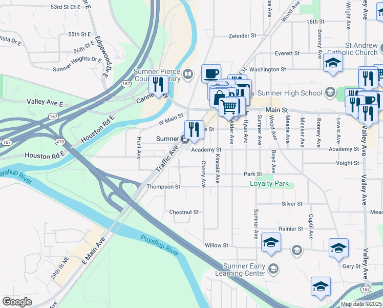 map of restaurants, bars, coffee shops, grocery stores, and more near 809-811 Harrison Street in Sumner