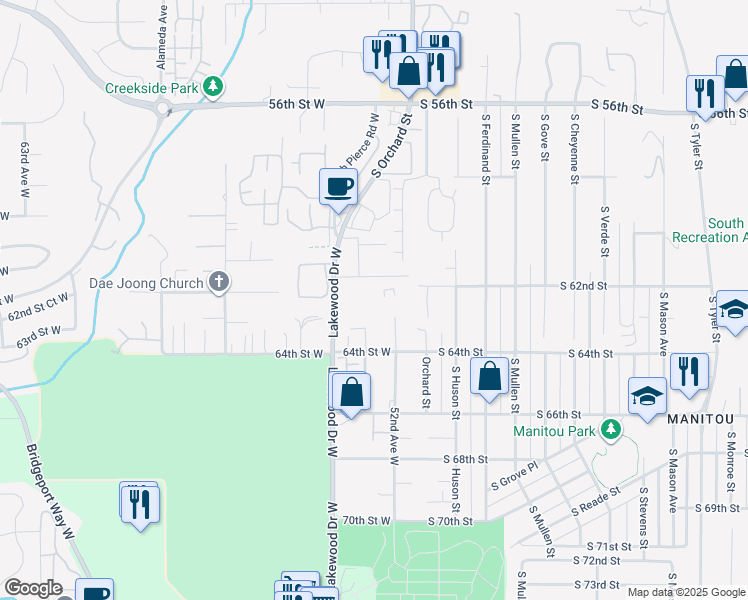 map of restaurants, bars, coffee shops, grocery stores, and more near 6224 52nd Avenue West in University Place