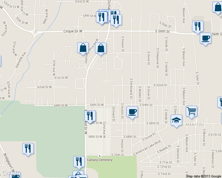 map of restaurants, bars, coffee shops, grocery stores, and more near 5102 South 62nd Street in Tacoma