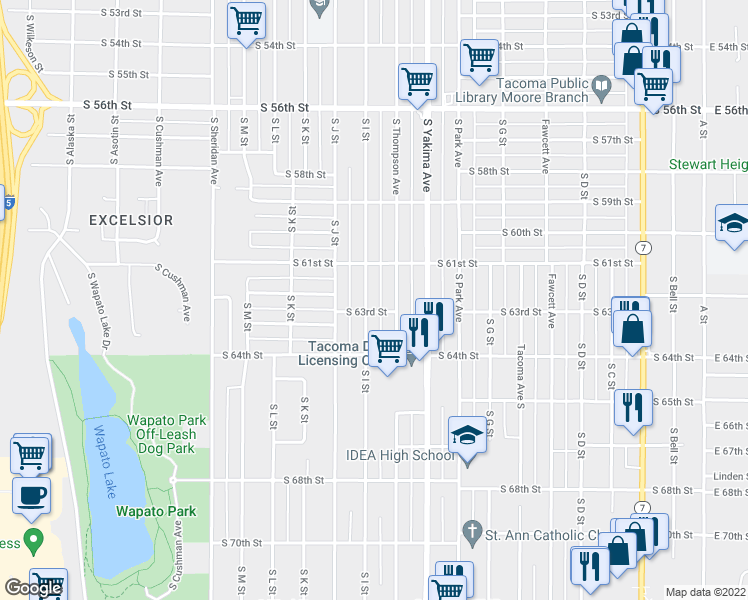 map of restaurants, bars, coffee shops, grocery stores, and more near 6123 South I Street in Tacoma