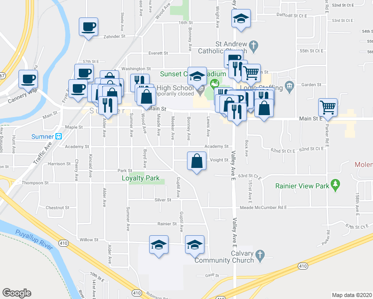 map of restaurants, bars, coffee shops, grocery stores, and more near 1620 Academy Street in Sumner