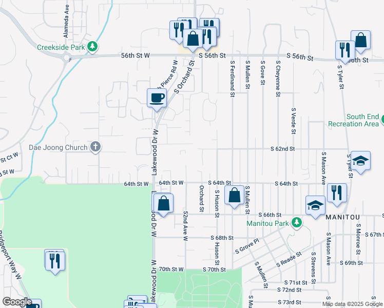 map of restaurants, bars, coffee shops, grocery stores, and more near 5102 South 62nd Street in Tacoma
