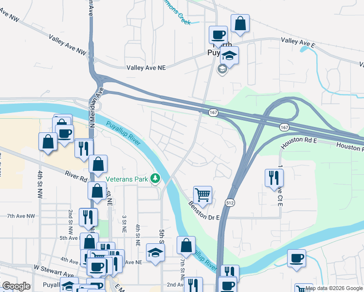 map of restaurants, bars, coffee shops, grocery stores, and more near 10805 62nd Street Court East in Puyallup