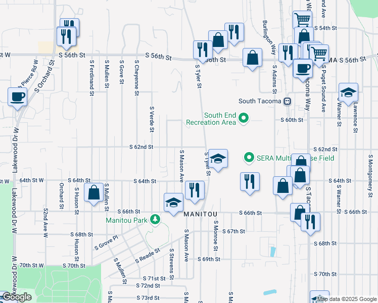 map of restaurants, bars, coffee shops, grocery stores, and more near 4214 South 62nd Street in Tacoma