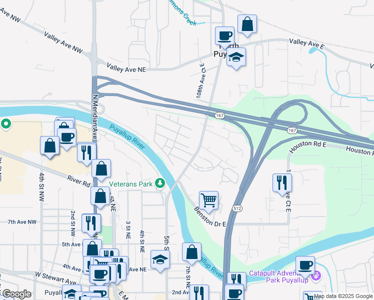 map of restaurants, bars, coffee shops, grocery stores, and more near in North Puyallup