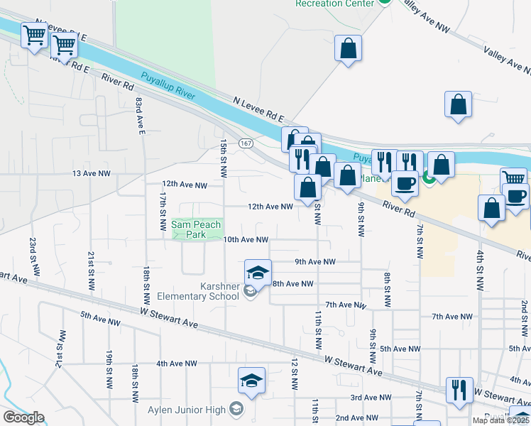 map of restaurants, bars, coffee shops, grocery stores, and more near 1311 10th Avenue Northwest in Puyallup