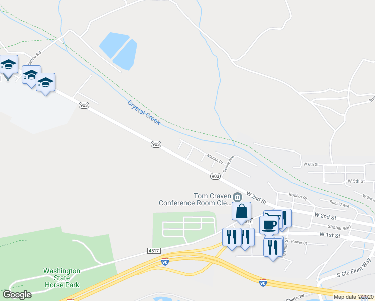 map of restaurants, bars, coffee shops, grocery stores, and more near 304 Bala Drive in Cle Elum