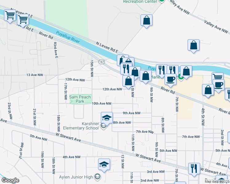 map of restaurants, bars, coffee shops, grocery stores, and more near 1017 13th Street Court Northwest in Puyallup