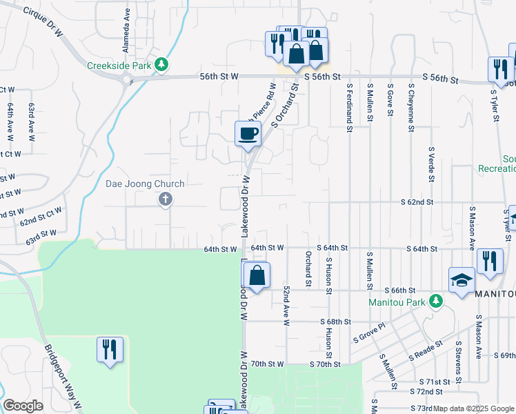 map of restaurants, bars, coffee shops, grocery stores, and more near 6249 Lakewood Drive West in University Place