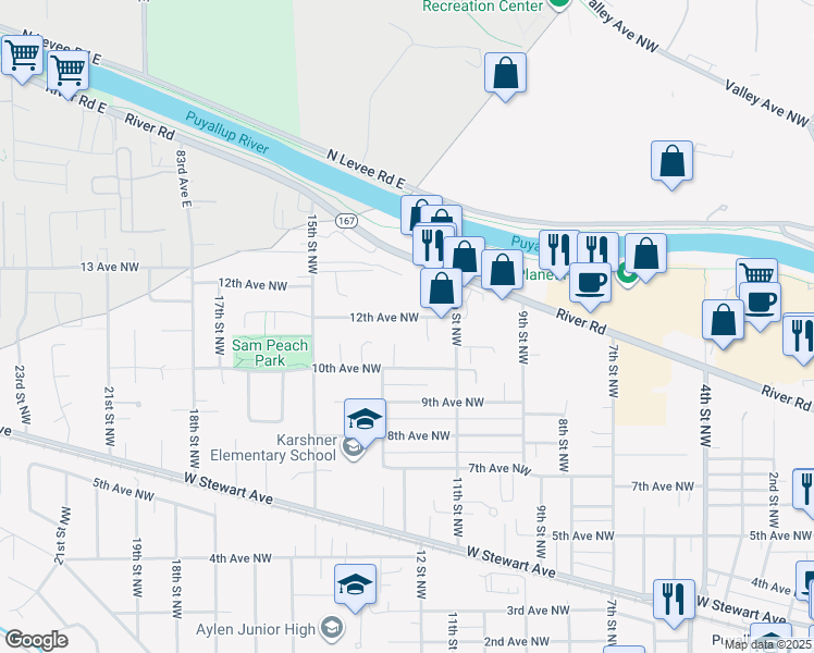 map of restaurants, bars, coffee shops, grocery stores, and more near 1017 13th Street Court Northwest in Puyallup