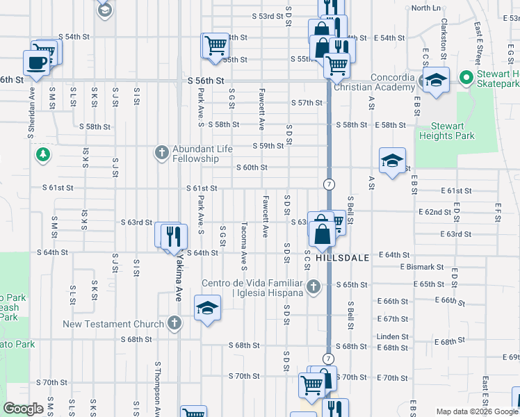 map of restaurants, bars, coffee shops, grocery stores, and more near 419 South 63rd Street in Tacoma