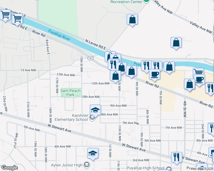 map of restaurants, bars, coffee shops, grocery stores, and more near 1017 13th Street Court Northwest in Puyallup