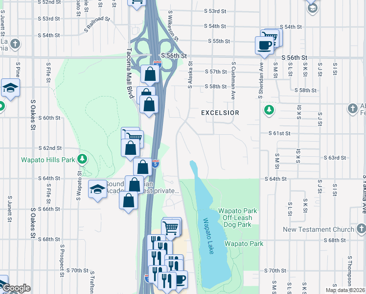 map of restaurants, bars, coffee shops, grocery stores, and more near 6063 South Asotin Court in Tacoma