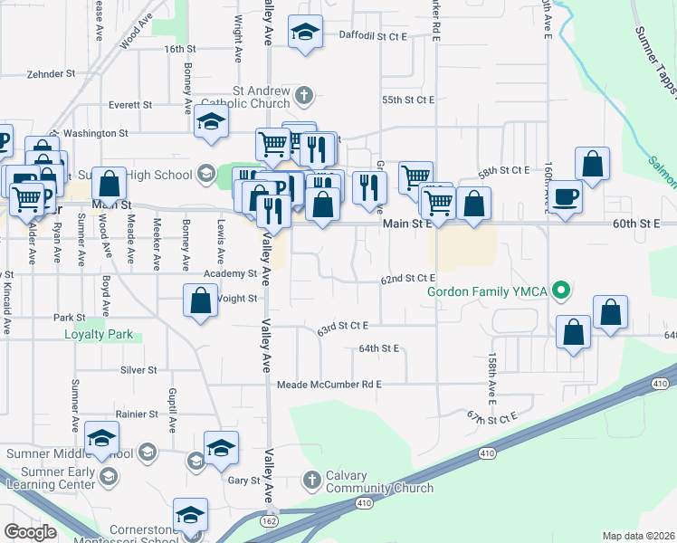 map of restaurants, bars, coffee shops, grocery stores, and more near 6205 152nd Avenue Court East in Sumner