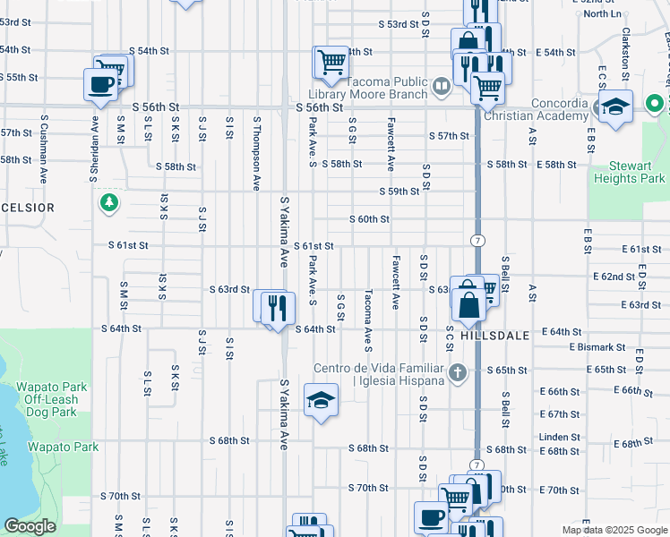 map of restaurants, bars, coffee shops, grocery stores, and more near 6136 South G Street in Tacoma