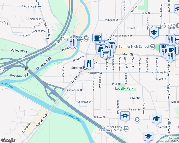 map of restaurants, bars, coffee shops, grocery stores, and more near 809-811 Harrison Street in Sumner