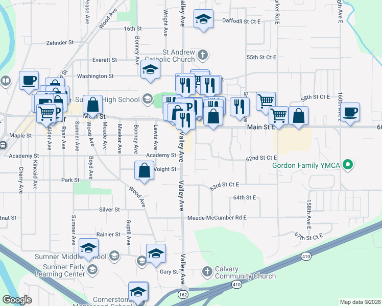 map of restaurants, bars, coffee shops, grocery stores, and more near 723 Valley Avenue in Sumner