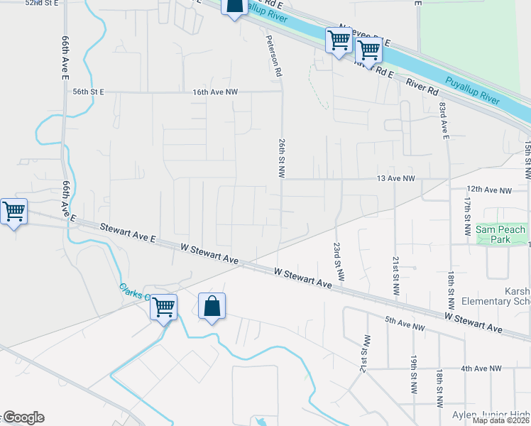 map of restaurants, bars, coffee shops, grocery stores, and more near 2608 11th Avenue Northwest in Puyallup