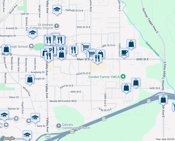 map of restaurants, bars, coffee shops, grocery stores, and more near 6022 Parker Road East in Sumner