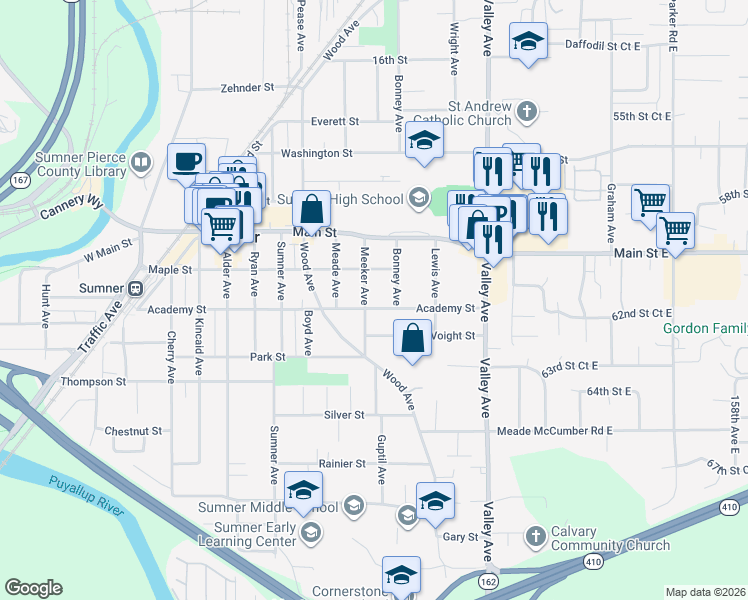 map of restaurants, bars, coffee shops, grocery stores, and more near 805 Meeker Avenue in Sumner