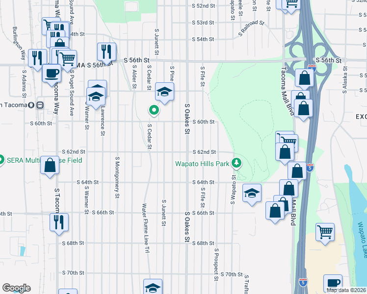 map of restaurants, bars, coffee shops, grocery stores, and more near 6021 South Oakes Street in Tacoma