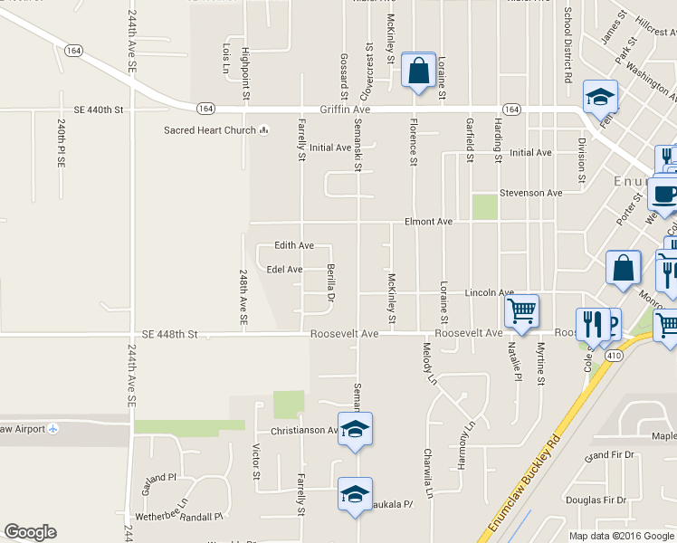 map of restaurants, bars, coffee shops, grocery stores, and more near 1121 Berilla Drive in Enumclaw