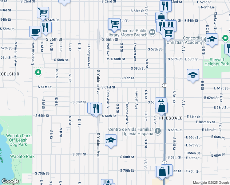 map of restaurants, bars, coffee shops, grocery stores, and more near 709 South 61st Street in Tacoma