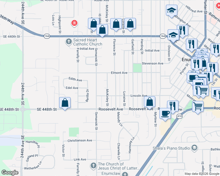 map of restaurants, bars, coffee shops, grocery stores, and more near 1214 McKinley Street in Enumclaw
