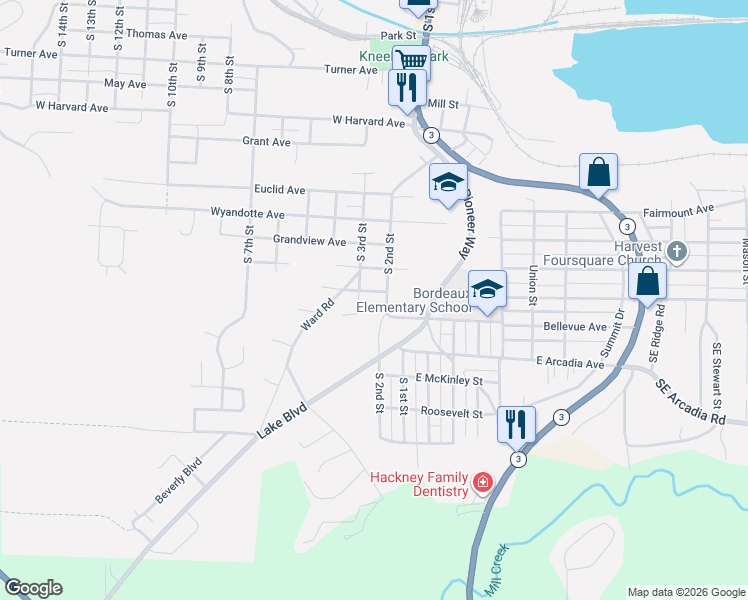 map of restaurants, bars, coffee shops, grocery stores, and more near 224 South 3rd Street in Shelton