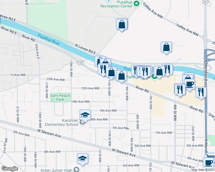 map of restaurants, bars, coffee shops, grocery stores, and more near in Puyallup