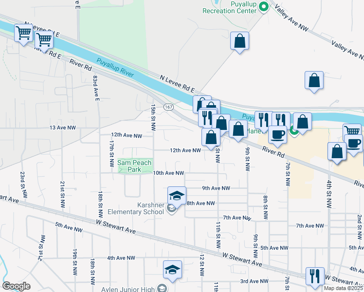 map of restaurants, bars, coffee shops, grocery stores, and more near 1301-1303 12th Avenue Northwest in Puyallup