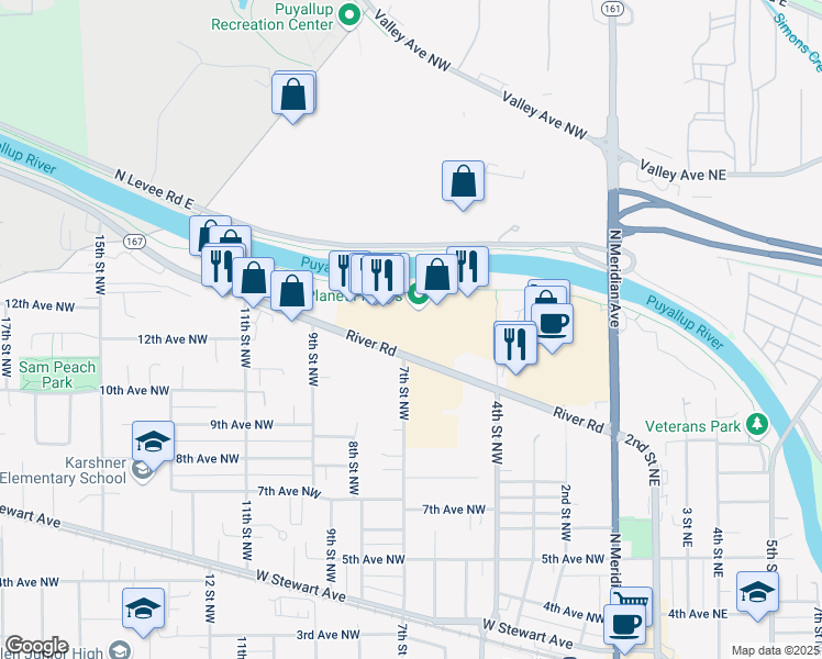 map of restaurants, bars, coffee shops, grocery stores, and more near 621 River Rd in Puyallup