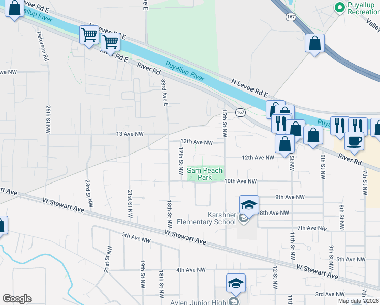 map of restaurants, bars, coffee shops, grocery stores, and more near 1125 17th Street Northwest in Puyallup