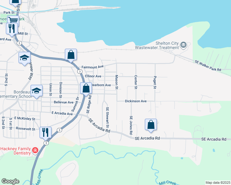 map of restaurants, bars, coffee shops, grocery stores, and more near 1046 Cascade Avenue in Shelton