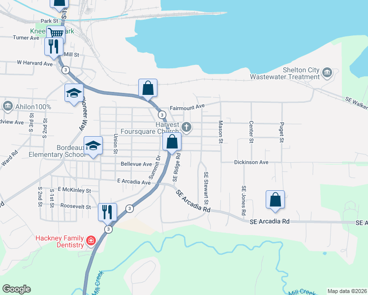 map of restaurants, bars, coffee shops, grocery stores, and more near 912 Cascade Avenue in Shelton