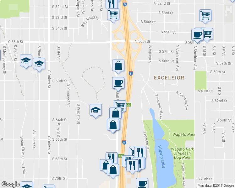 map of restaurants, bars, coffee shops, grocery stores, and more near 6015 Tacoma Mall Blvd in Tacoma