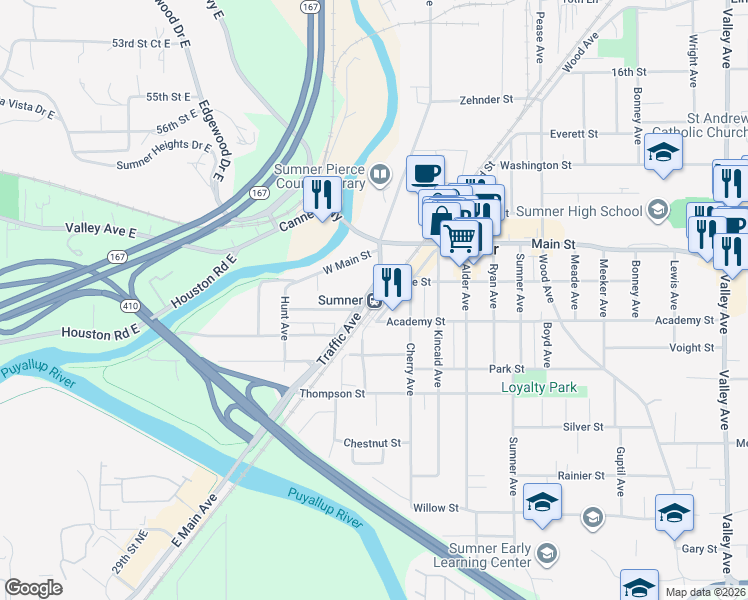 map of restaurants, bars, coffee shops, grocery stores, and more near 810 Maple Street in Sumner