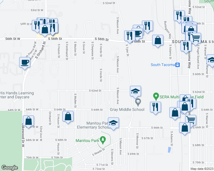 map of restaurants, bars, coffee shops, grocery stores, and more near 6030 South Stevens Street in Tacoma