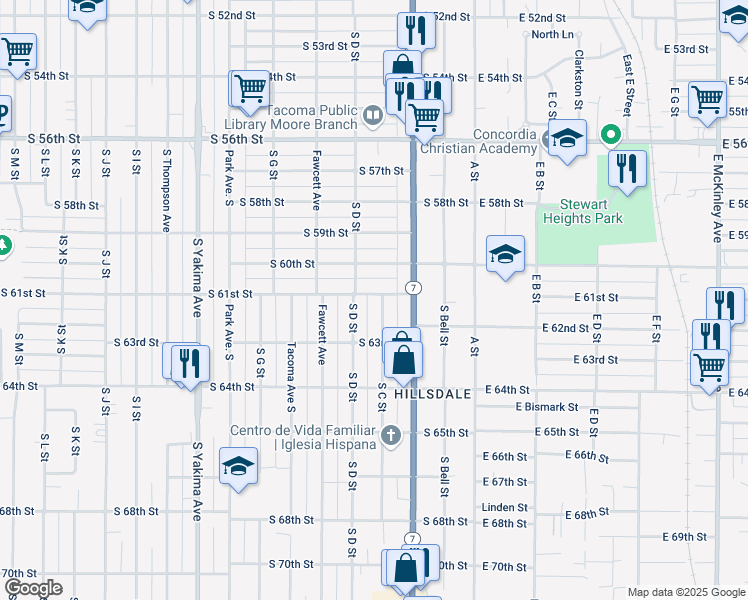 map of restaurants, bars, coffee shops, grocery stores, and more near 239 South 61st Street in Tacoma
